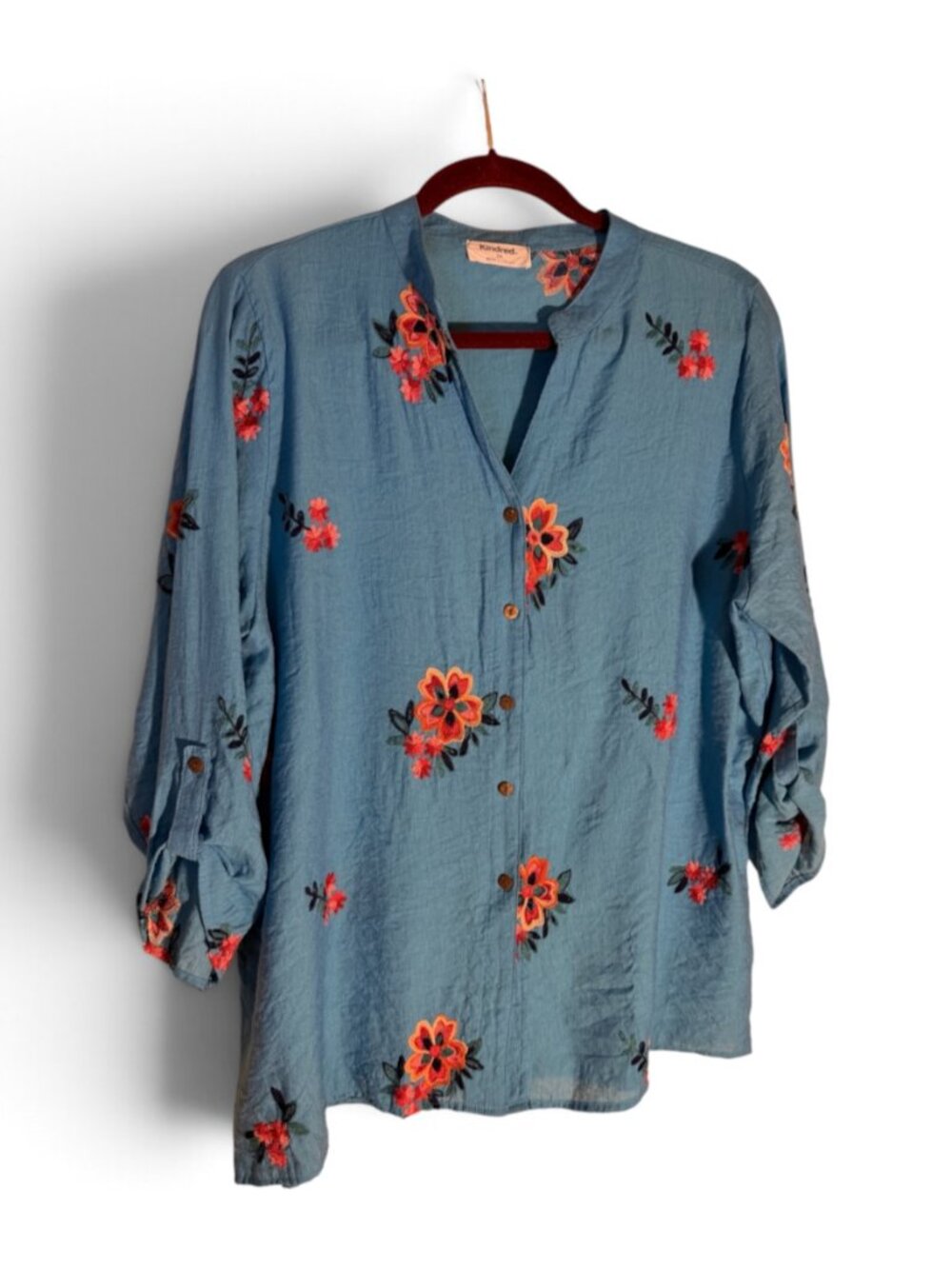 Anthropologie Kindred Turquoise Floral Embroidered Button Up Blouse Sz 2X